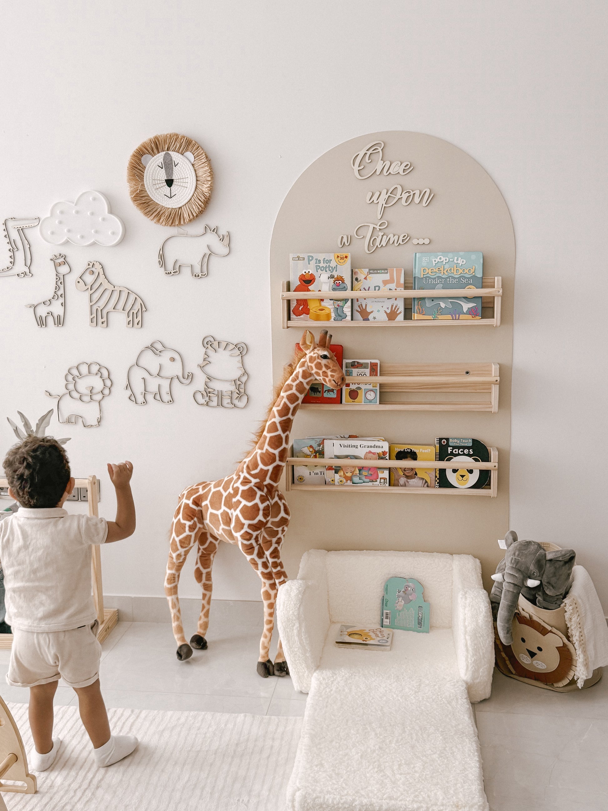 Arched Wall Reading Corner Set (includes wall decal, shelving, sofa, and decorative sign)