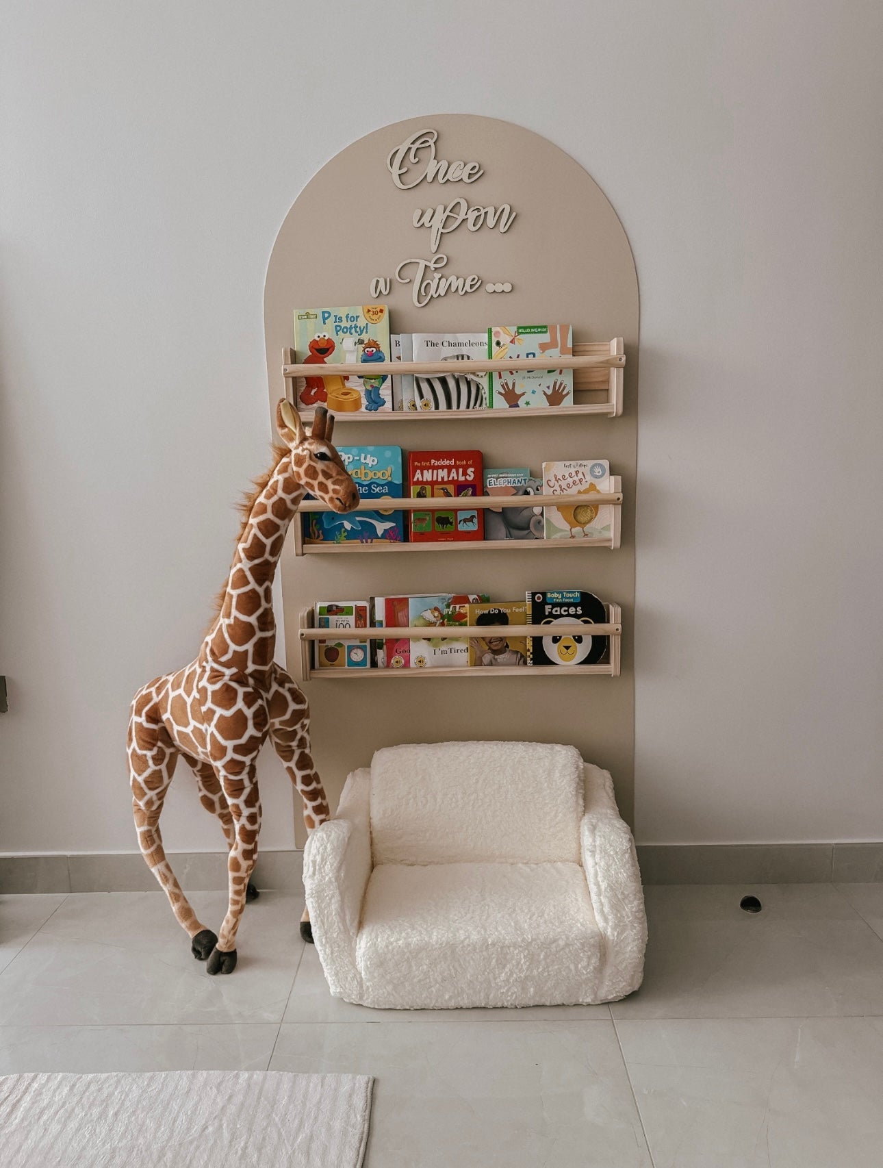 Arched Wall Reading Corner Set (includes wall decal, shelving, sofa, and decorative sign)