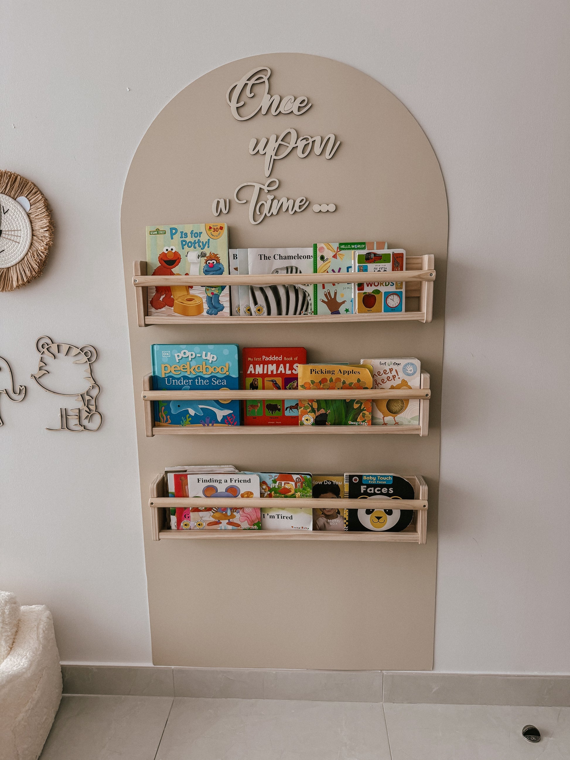 Arched Wall Reading Corner Set (includes wall decal, shelving, sofa, and decorative sign)